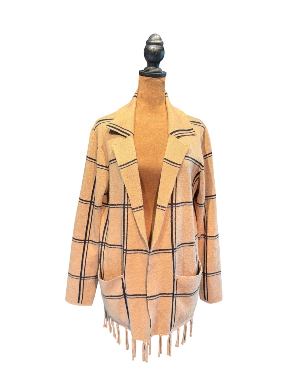 Adrienne Vittadini Beige Plaid Open Front Cardigan with Fringe